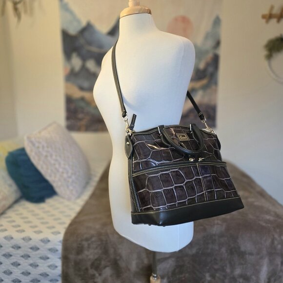 Dooney & Bourke Dillen Croco Embossed Double Pocket Satchel Brown Leather Bag - Picture 2 of 16